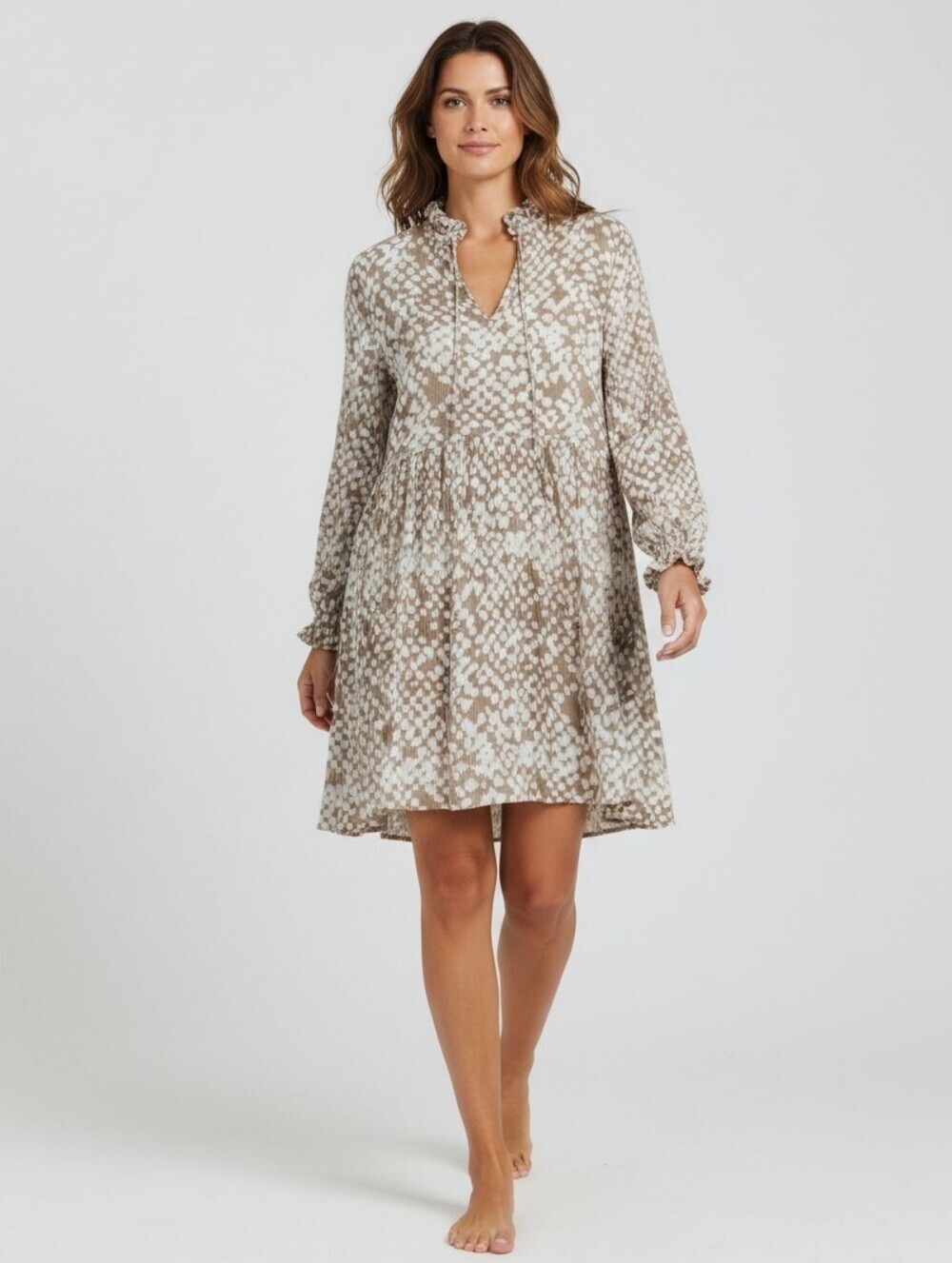 Böhme High Collar Longsleeve Swing Dress In Doe Taupe Size Medium